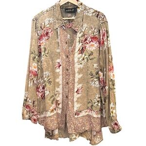 Vintage Lola P Floral Boho Rayon Button Front Tunic Top Lagenlook XL Cottagecore